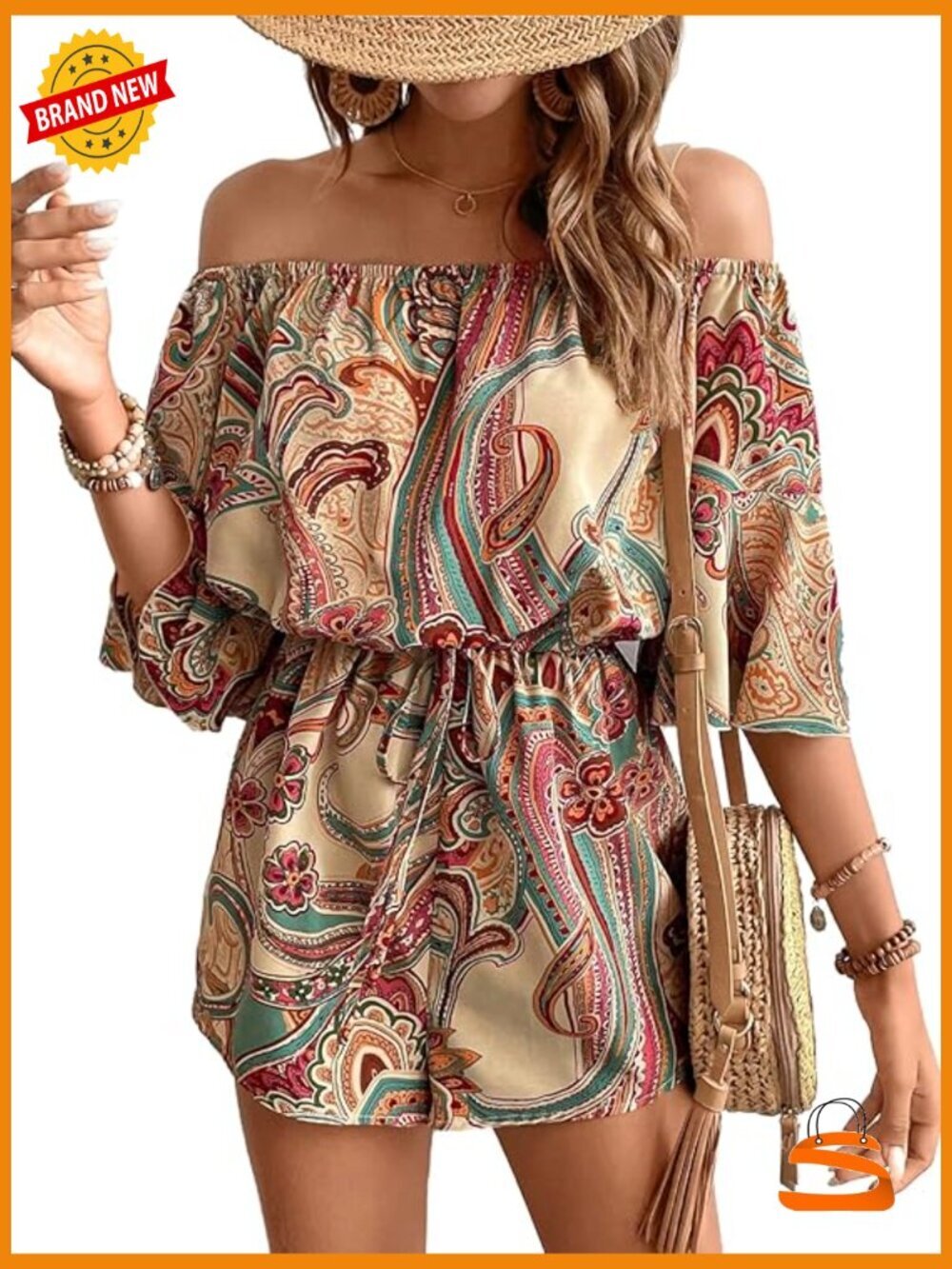 Off Shoulder Romper Jumpsuit Elastic Waist Boho Style Summer Outfit